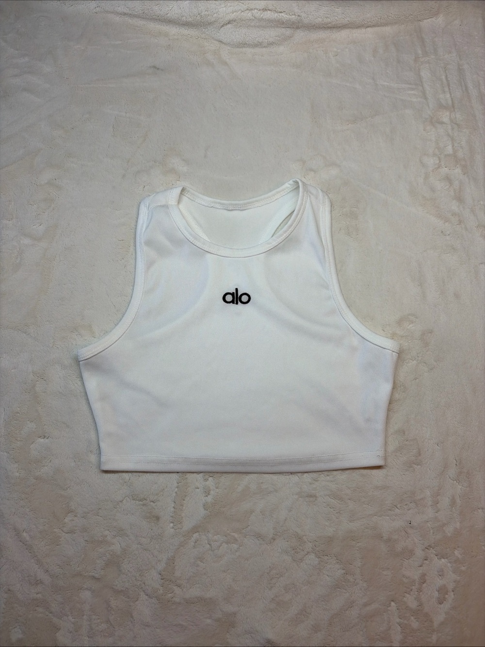 Alo Yoga Aspire Cropped Ribbed Tank Top White Black Logo Women's Sz S